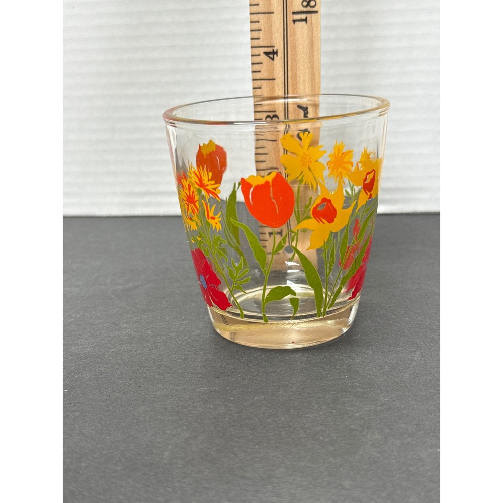 VTG Hazel Atlas Sour Cream/Juice Glass Red Poppies Yellow Daisy Orange Tulips - Picture 6 of 10